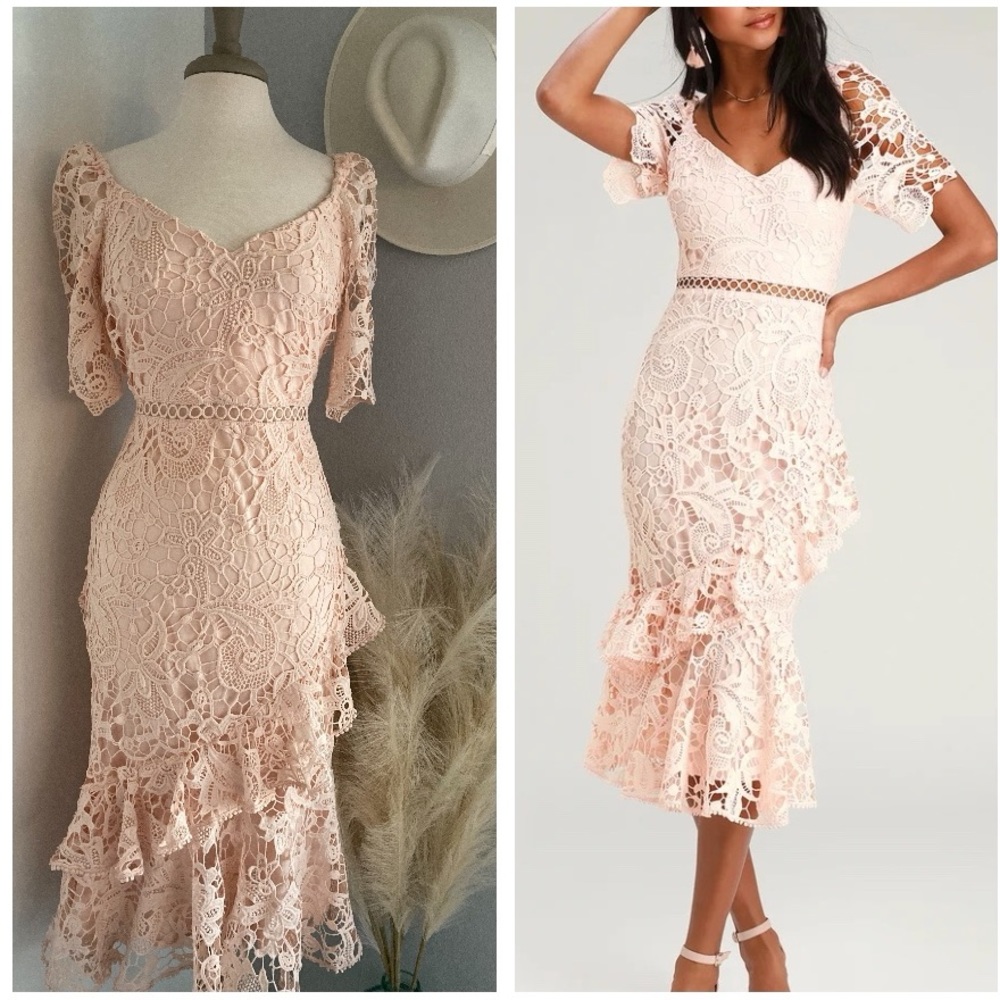 ❤️ Lulus Briarwood Blush Pink Lace Ruffled Midi Dress PERFECT CONDITION!
